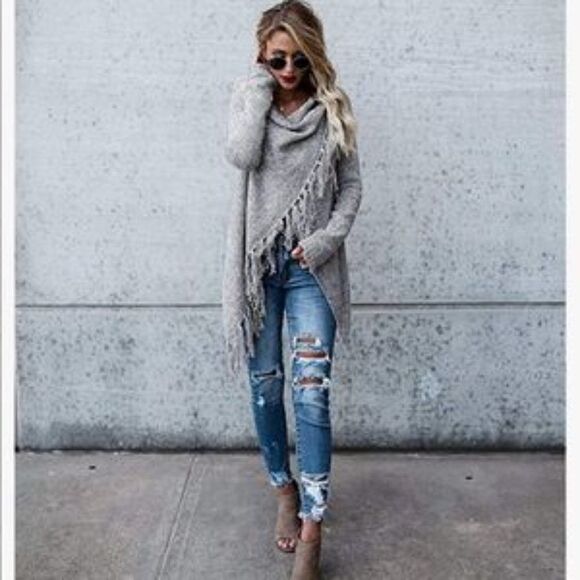 New Tassel Hem Long Sweater Poncho Pullover Wrap - Picture 4 of 8